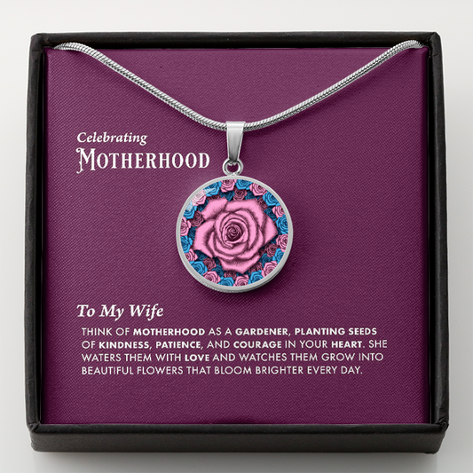 To My Wife-Celebrating Motherhood Pink Rose Circle Pendant with Message Card 2