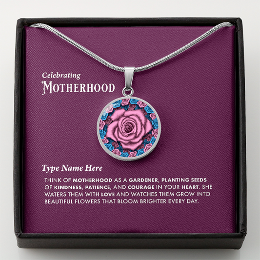 Name Personalize Celebrating Motherhood Pink Rose Circle Pendant with Message Card 2