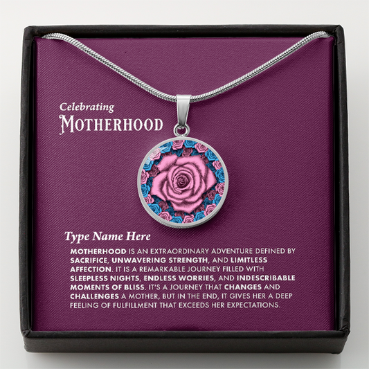 Name Personalize Celebrating Motherhood Pink Rose Circle Pendant with Message Card 1