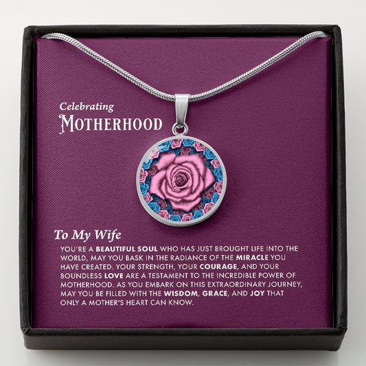 To My Wife-Celebrating Motherhood Pink Rose Circle Pendant with Message Card For New Mothers 3