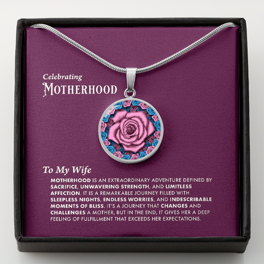 To My Wife-Celebrating Motherhood Pink Rose Circle Pendant with Message Card 1