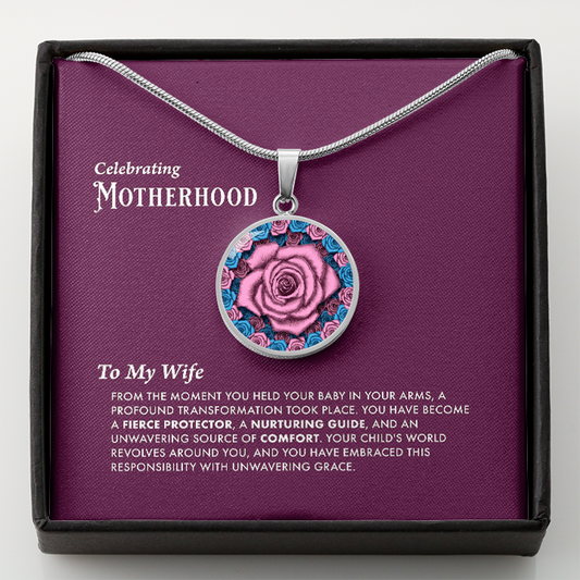 To My Wife-Celebrating Motherhood Pink Rose Circle Pendant with Message Card For New Mothers 2