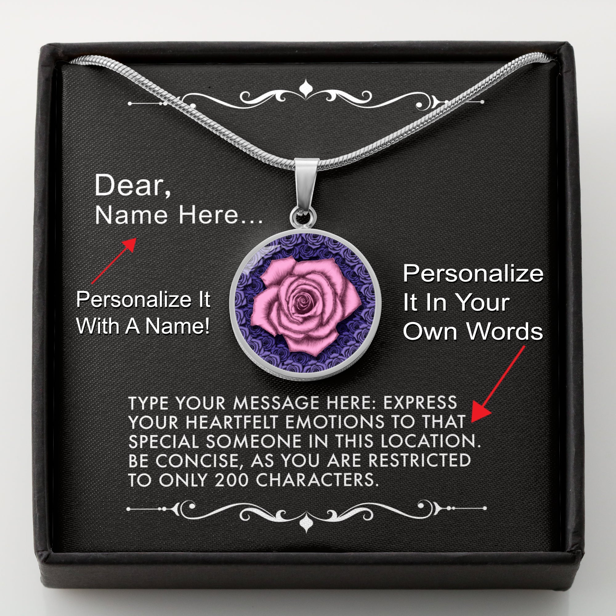 Personalize It In Your Own Words-The Pink Rose Pendant Necklace