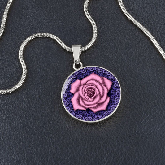 Pink Rose Circle Pendant with Luxury Necklace