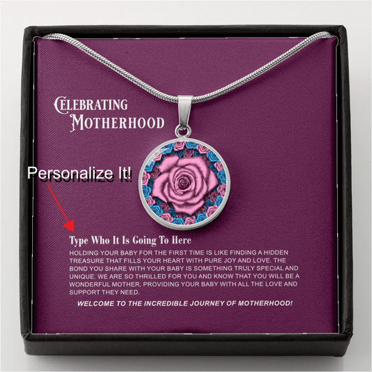 Celebrating New Motherhood - The Motherhood Pink Rose Pendant with Message Card 4