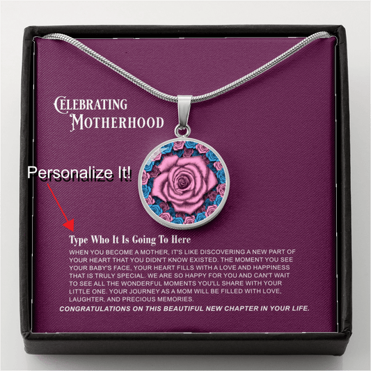 Celebrating New Motherhood - The Motherhood Pink Rose Pendant with Message Card 2