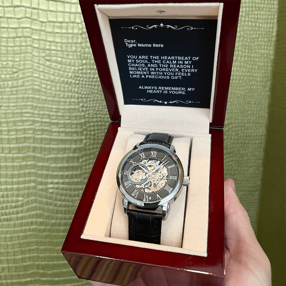 Stylish men's openwork watch with black leather strap and heartfelt message card in premium gift box, thoughtful gift for husband.