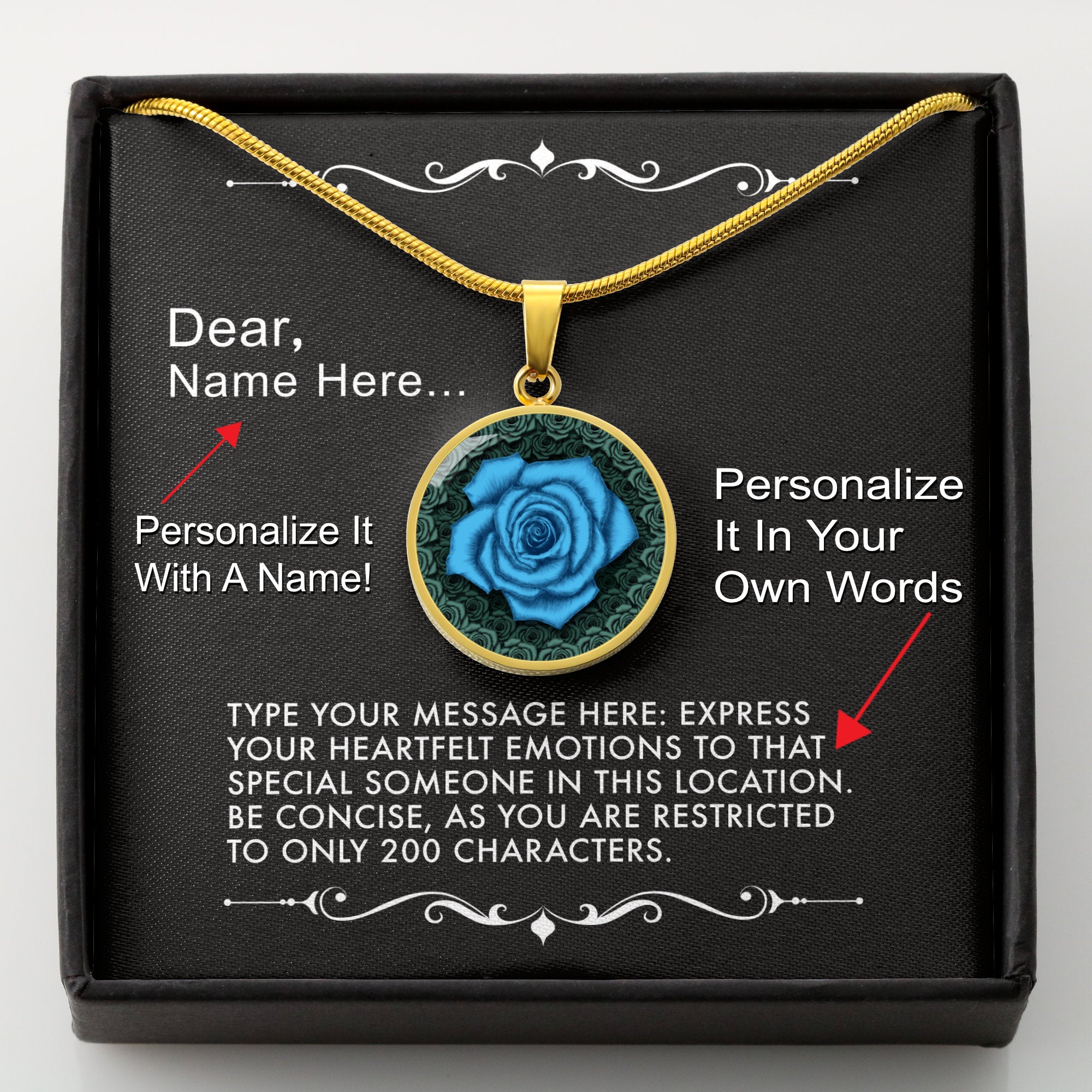 Personalize It In Your Own Words-The Blue Rose Pendant Necklace