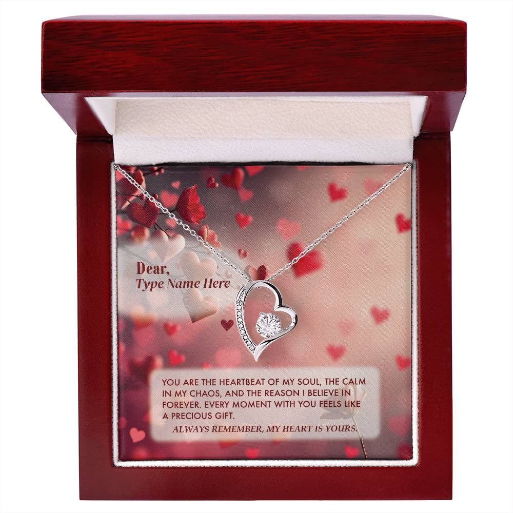 Heartbeat of My Soul - Forever Love Necklace in 14k white gold finish with cubic zirconia crystal, displayed in luxury box with personalized message card.