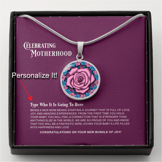 Celebrating New Motherhood - The Motherhood Pink Rose Pendant with Message Card 3