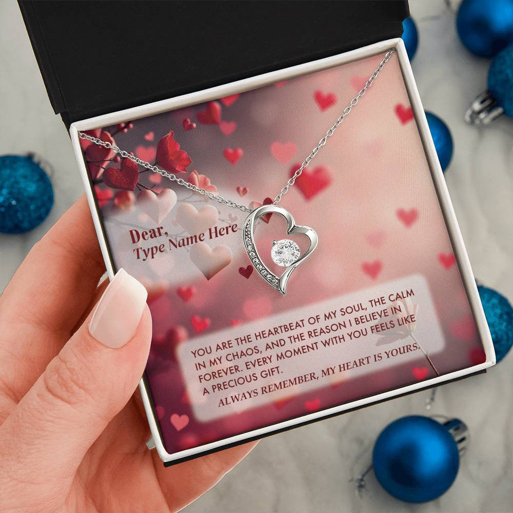 Heartbeat of My Soul - Forever Love Necklace featuring a heart-shaped pendant with cubic zirconia crystal on a silver chain, displayed in a gift box with a romantic personalized message card. Ideal for anniversaries or Valentine's Day gifts.