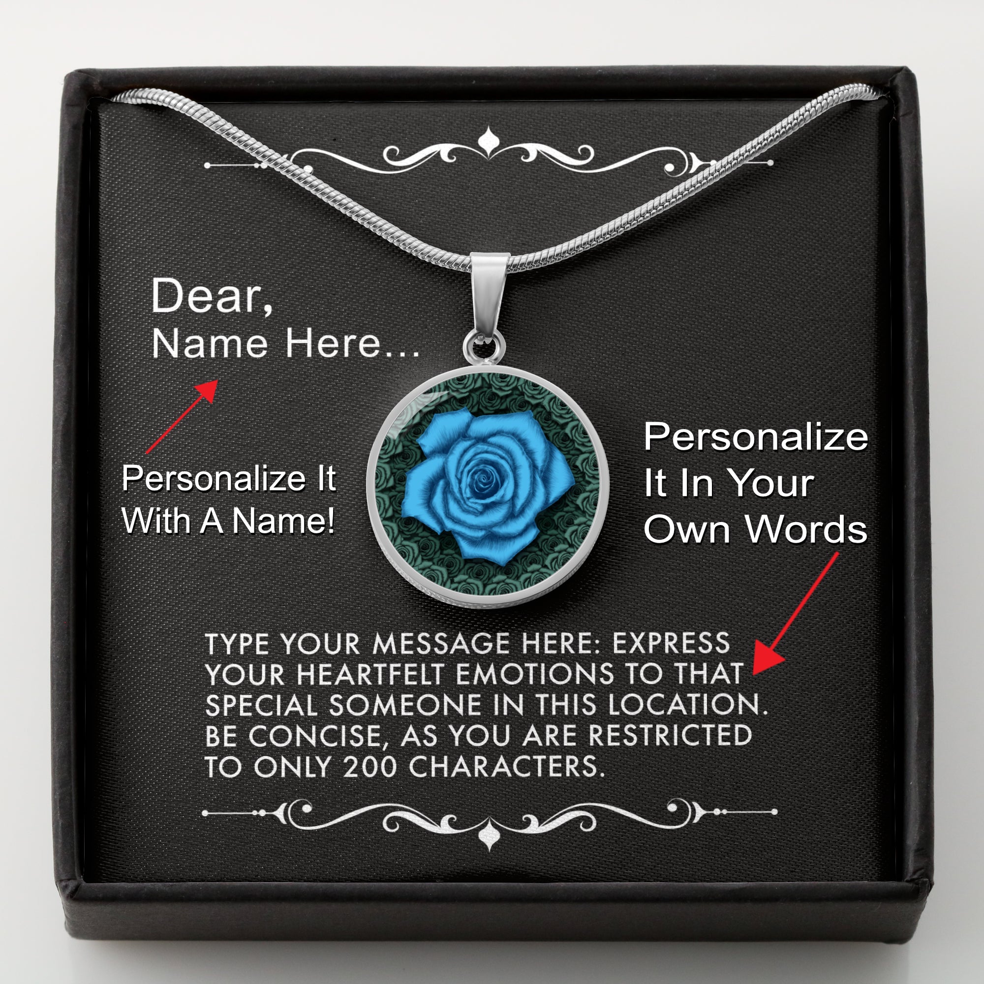 Personalize It In Your Own Words-The Blue Rose Pendant Necklace