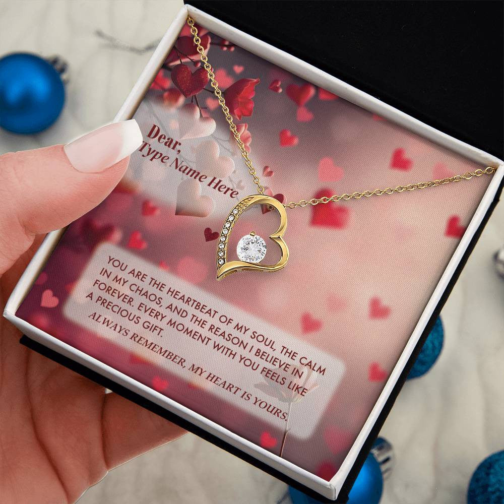 Heartbeat of My Soul - Forever Love Necklace in 18k gold finish with cubic zirconia crystal, displayed in a luxury gift box with personalized message card.