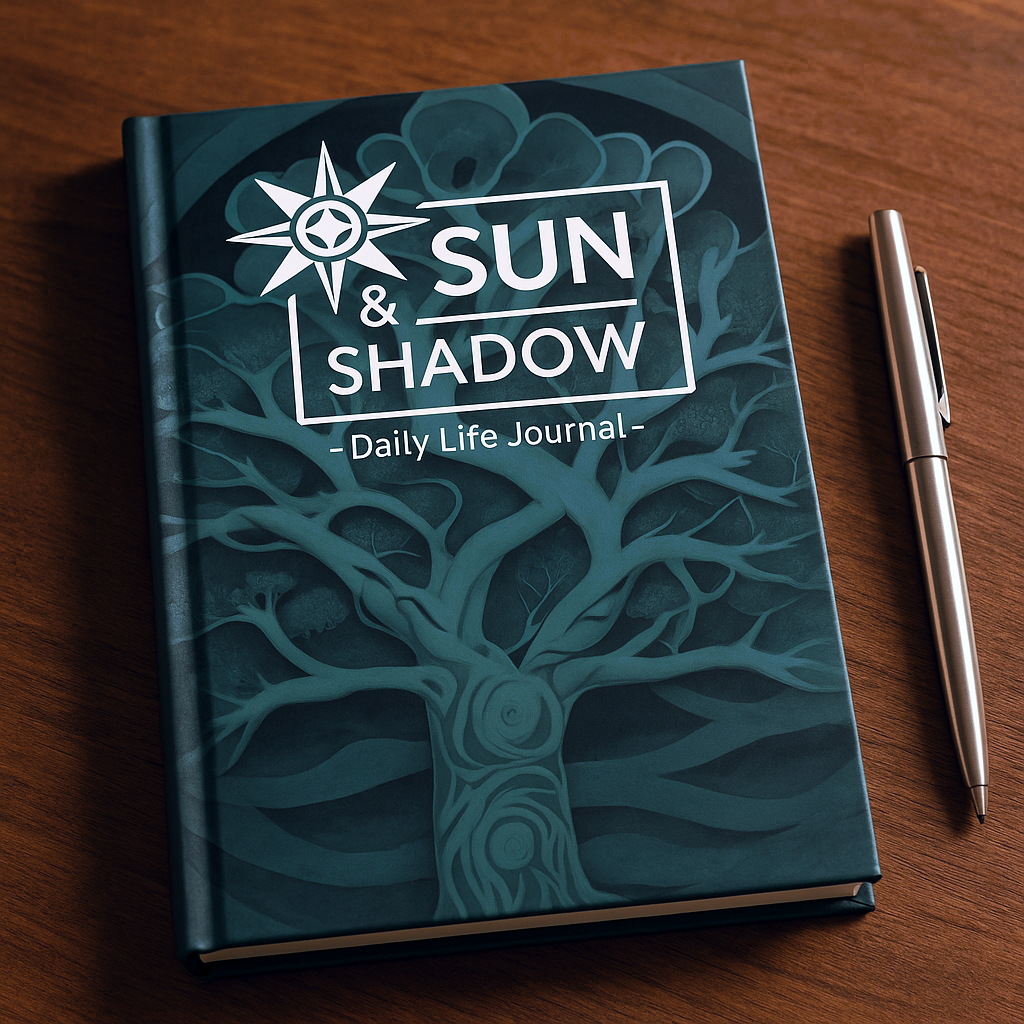 Journal titled 'Sun & Shadow Daily Life Journal' with a tree design on a wooden surface.