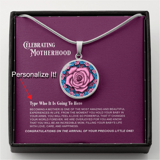 Celebrating New Motherhood - The Motherhood Pink Rose Pendant with Message Card 5