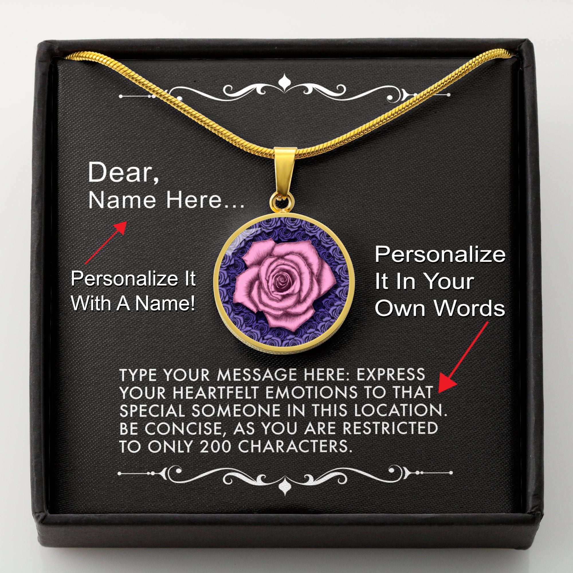Personalize It In Your Own Words-The Pink Rose Pendant Necklace