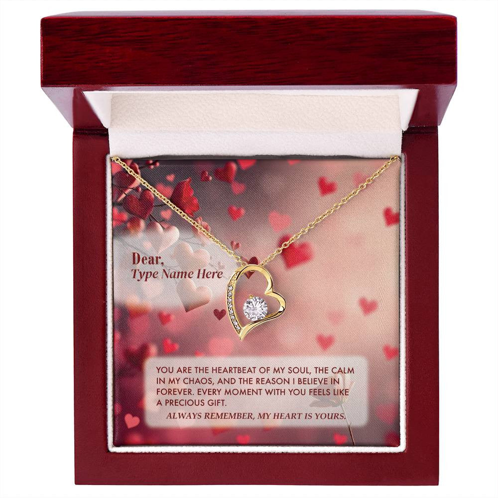 Heartbeat of My Soul - Forever Love Necklace in 18k gold finish with cubic zirconia crystal, displayed in luxury box with personalized message card.