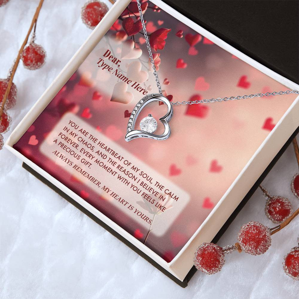 Heartbeat of My Soul - Forever Love Necklace with cubic zirconia crystal in heart-shaped pendant, displayed in luxury gift box with personalized message card.