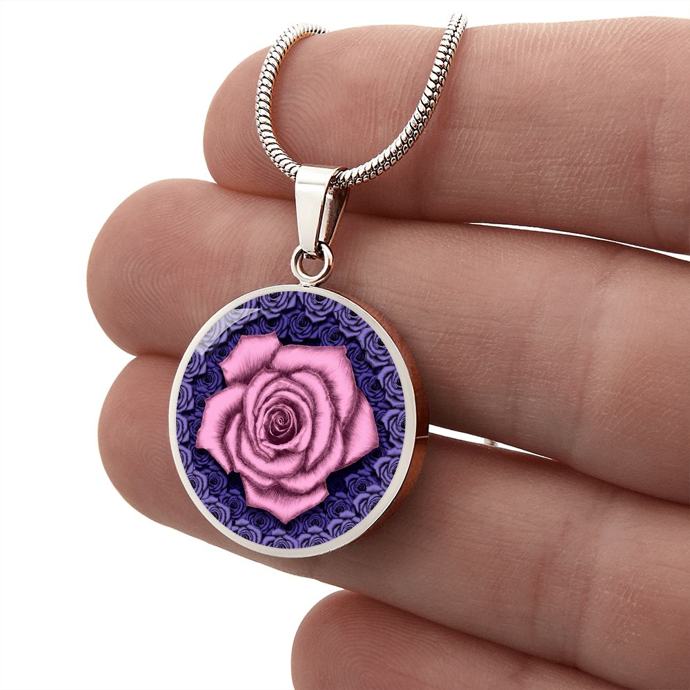 Pink Rose Circle Pendant with Luxury Necklace