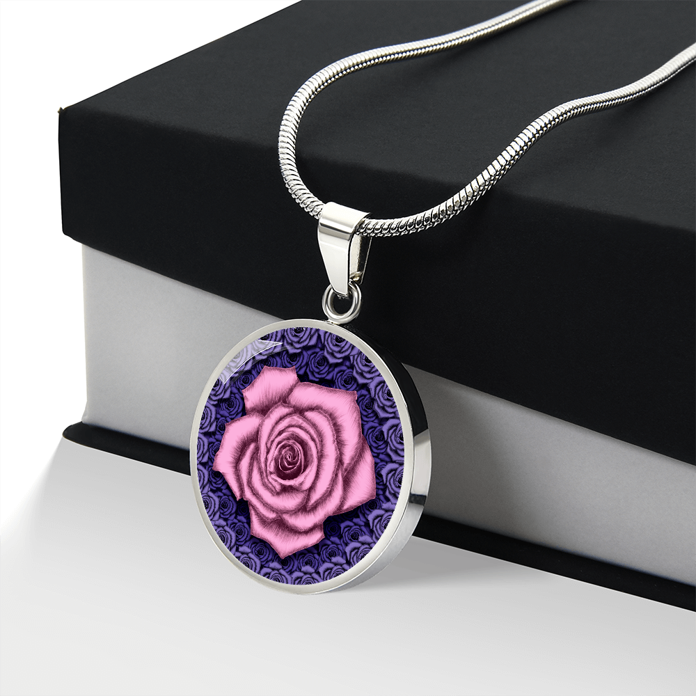 Pink Rose Circle Pendant with Luxury Necklace