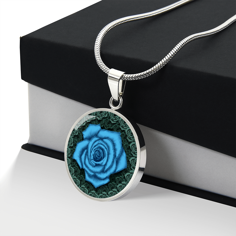 Blue Rose Circle Pendant with Luxury Necklace