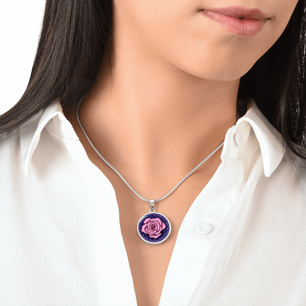 Pink Rose Circle Pendant with Luxury Necklace