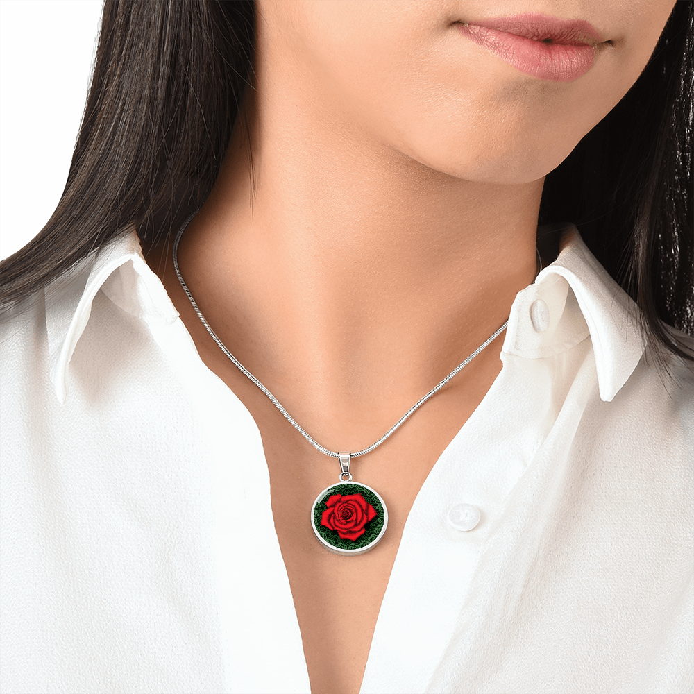 Red Rose Circle Pendant with Luxury Necklace