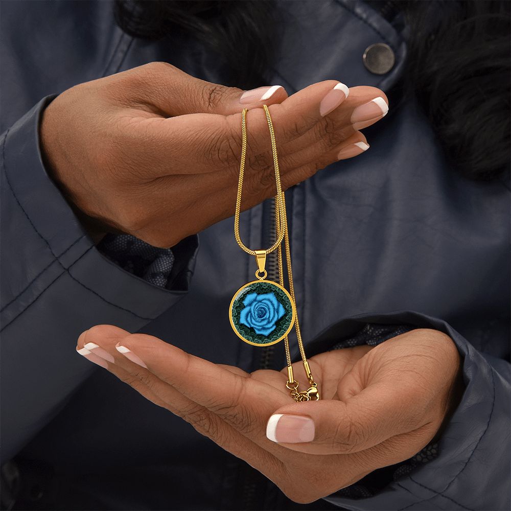 Blue Rose Circle Pendant with Luxury Necklace