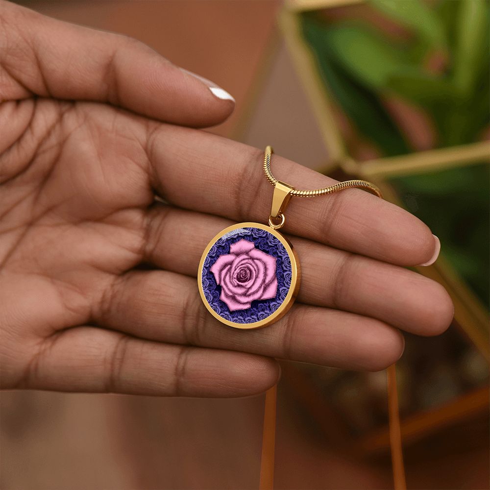 Pink Rose Circle Pendant with Luxury Necklace