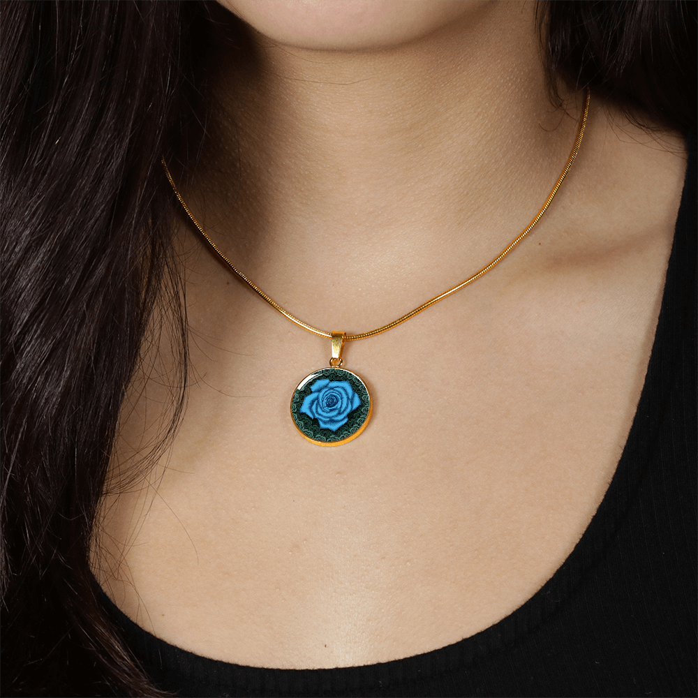 Blue Rose Circle Pendant with Luxury Necklace