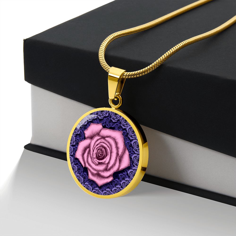 Pink Rose Circle Pendant with Luxury Necklace
